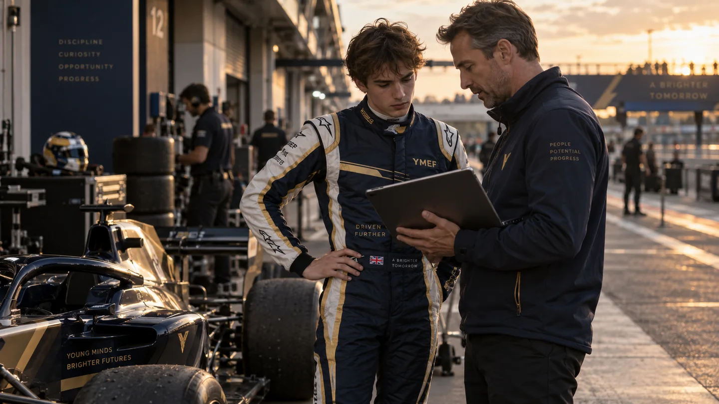 Concept scene of a young driver and mentor discussing a session beside a Formula car in the pit lane.