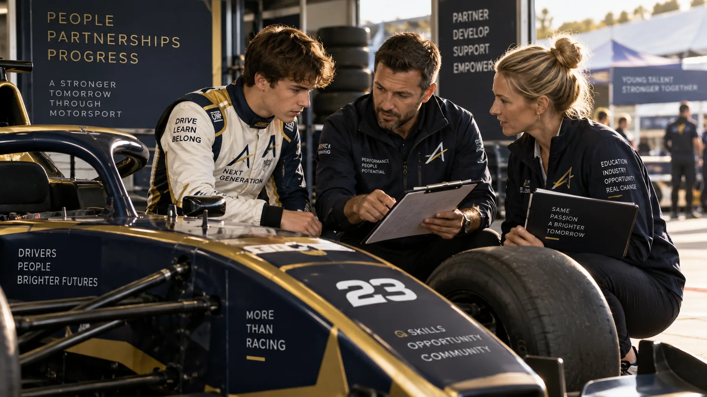 Concept scene of a developing driver, technical mentor and educator reviewing notes beside a Formula car.