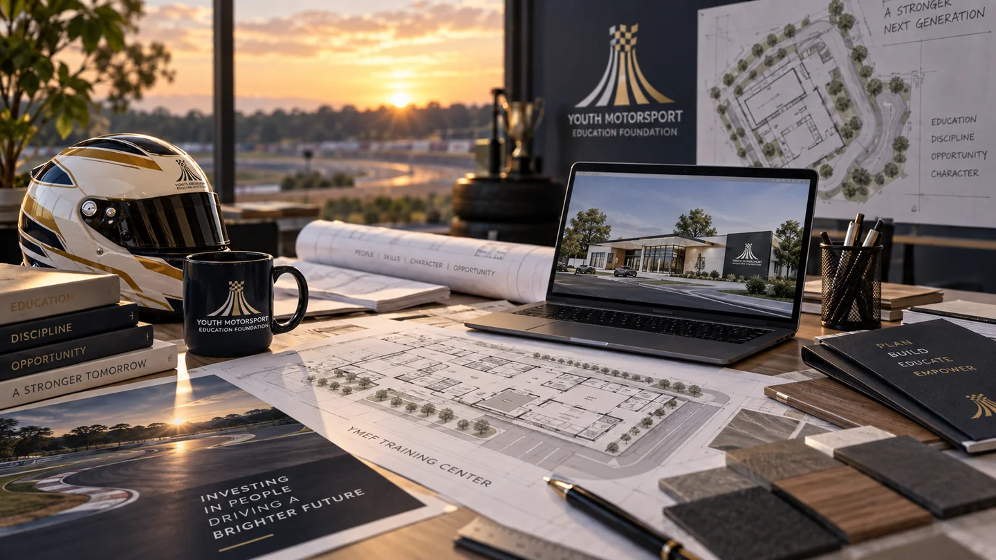 Concept planning workspace with architectural drawings, material samples, a helmet and a laptop showing a proposed Training Center exterior.