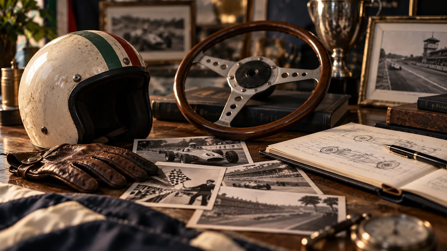 Concept illustration of motorsport heritage with a vintage helmet, steering wheel, racing photographs and an open notebook of technical drawings.