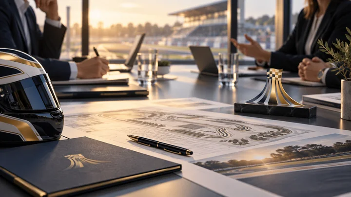 Concept scene of planning documents and a helmet on a meeting table, illustrating stewardship and strategic discussion.