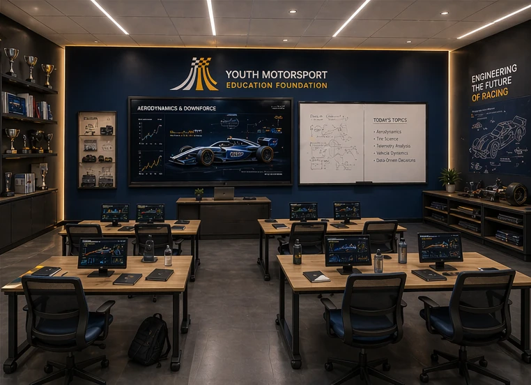 Architectural concept of a planned classroom with desks, telemetry screens and instructional displays.