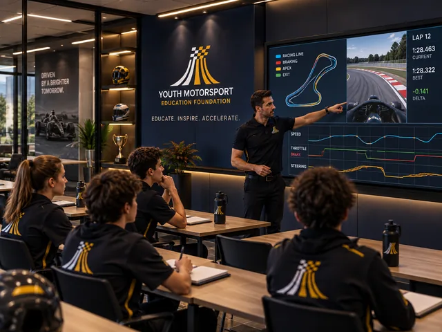 Concept scene of an instructor discussing driving telemetry with young people in a classroom.