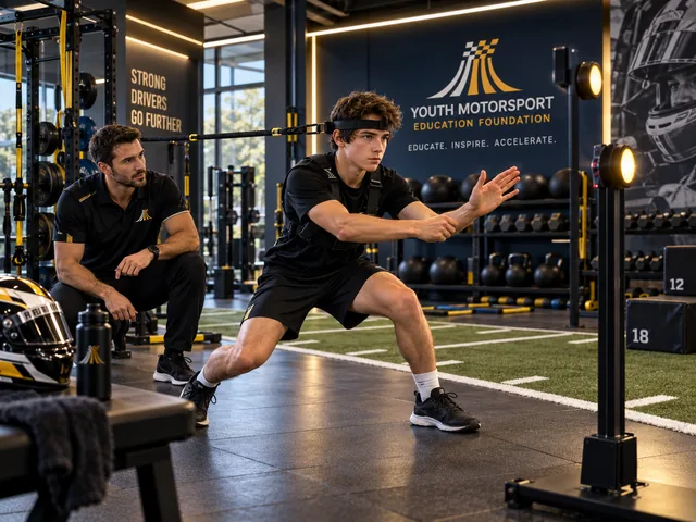 Concept scene of a young driver practicing a conditioning exercise under a coach’s guidance.