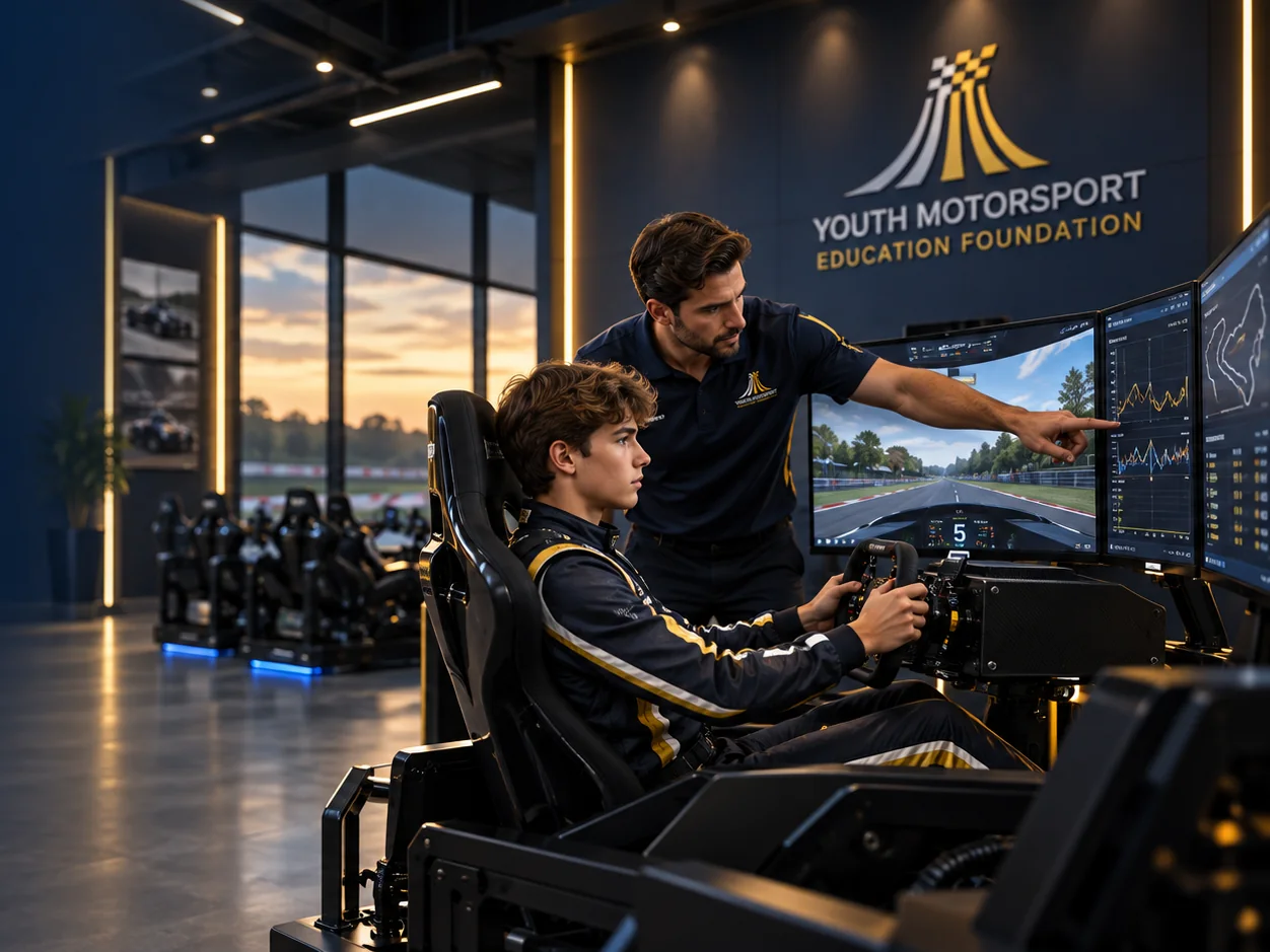 Concept scene of a young driver at a simulator as a coach explains telemetry on a nearby display.