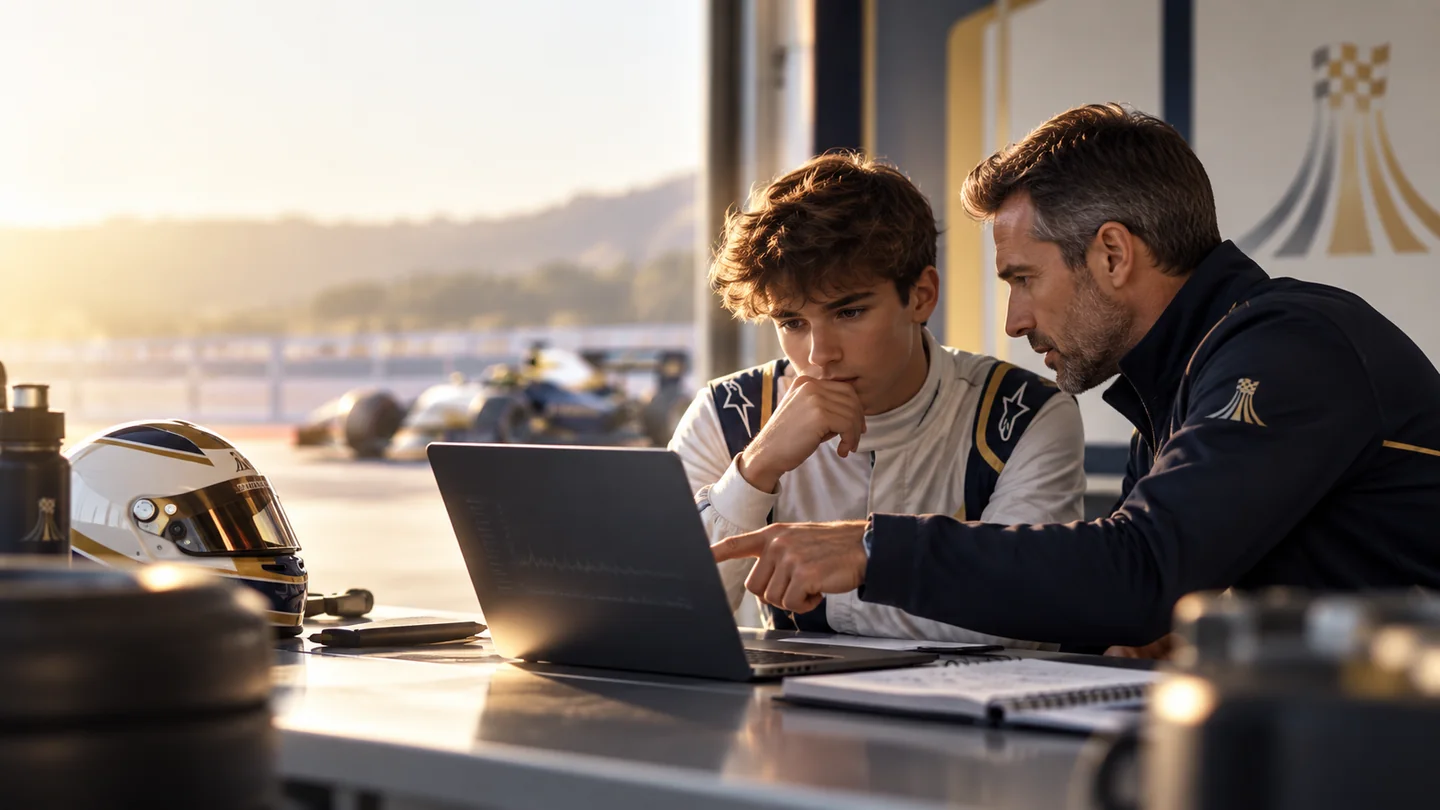 Concept scene of a driver and coach reviewing telemetry on a laptop after a session, with notes and a helmet alongside them.
