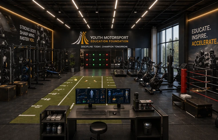Architectural concept of the planned Driver Performance Gym with conditioning equipment and a training lane.