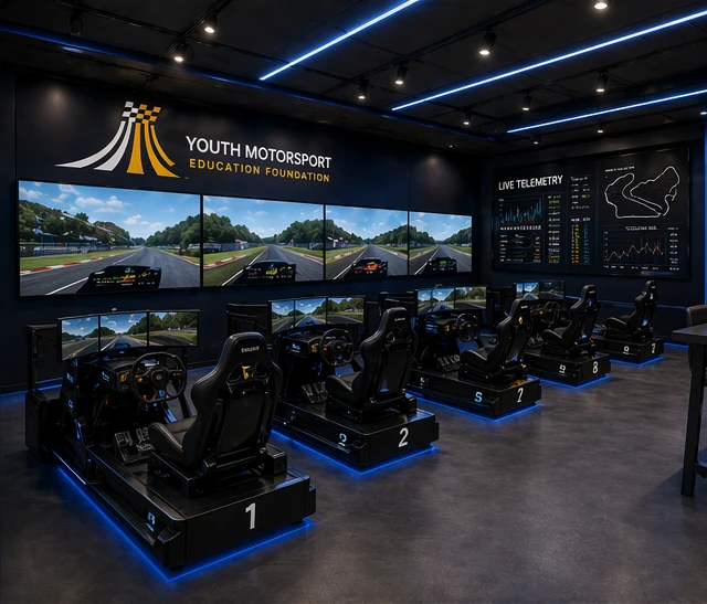 Concept rendering of simulator stations and displays for structured driving practice and analysis.