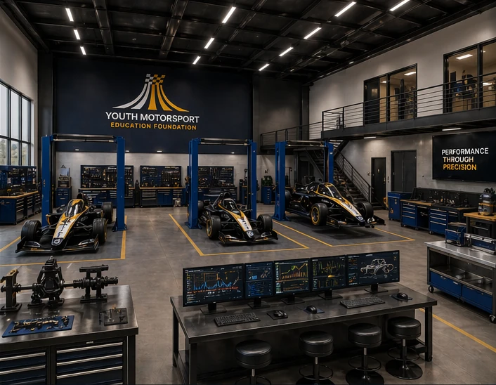 Architectural concept of the planned technical workshop with vehicle bays, tools and workbenches.