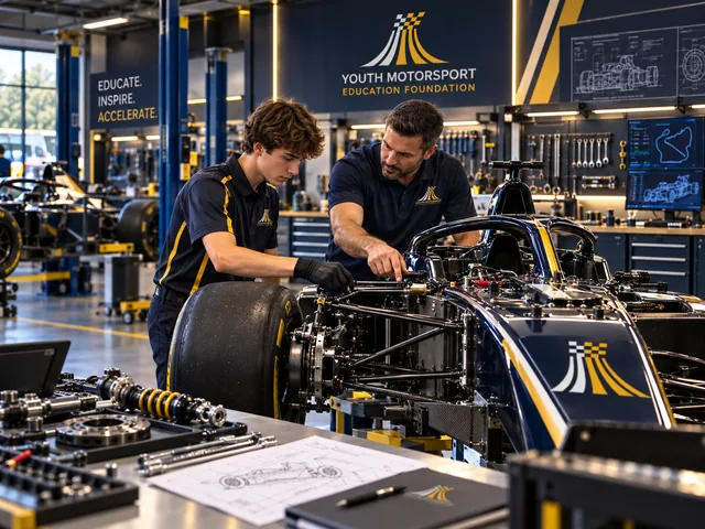 Concept scene of a young driver and instructor examining the suspension of a Formula training vehicle.