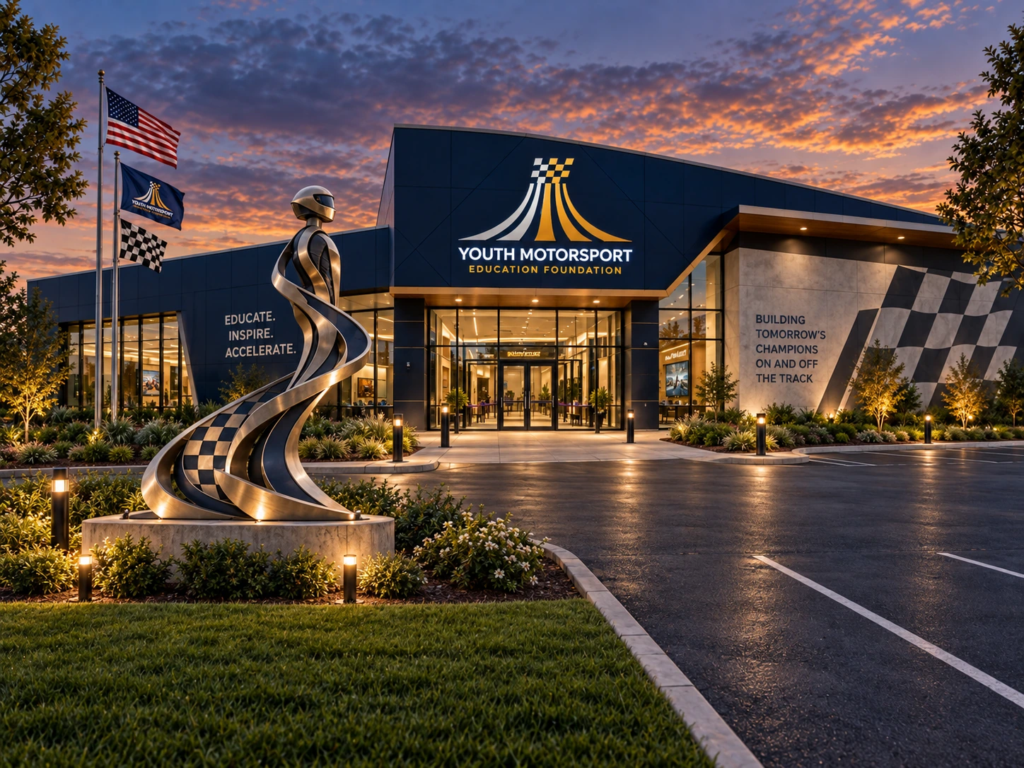 Exterior view of the planned YMEF Training Center at dusk.